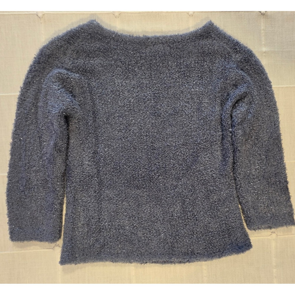 Sigrid Olsen Sport Blue Fuzzy Eyelash Knit Metallic Shimmer Sweater Petite PS